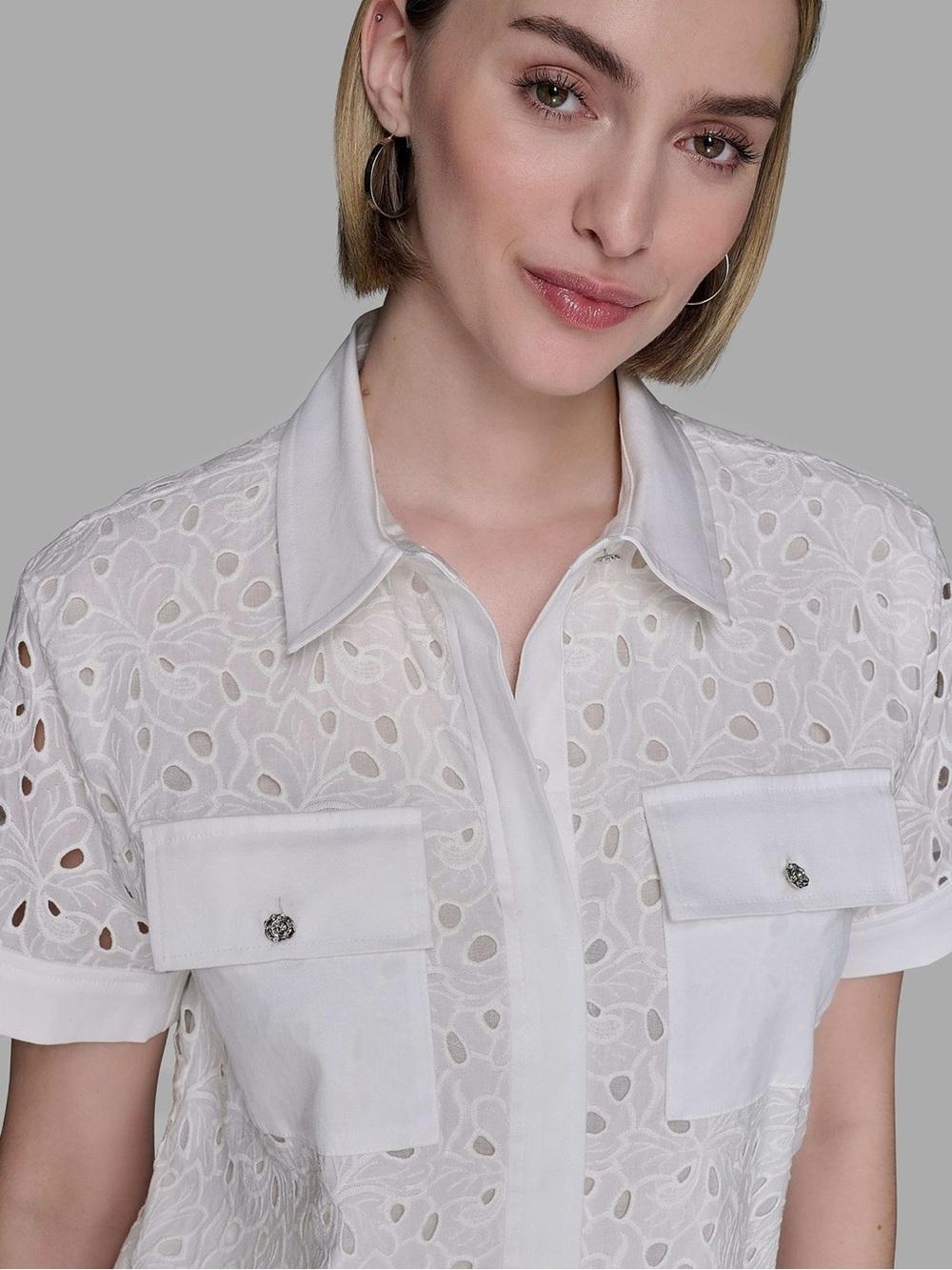 NWT Karl Lagerfeld Paris White Eyelet Short-Sleeve Shirt With Pockets, Size S